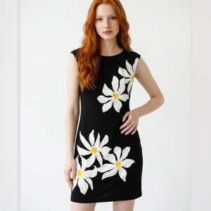 London Times Black Mini Dress with White & Yellow Floral Accents Size 6